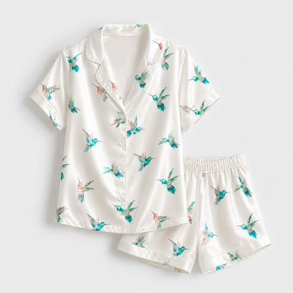 PJ-M180-White Teal Hummingbird Satin Pajama Set Tropical Bird Sleepwear Button Up Loungewear