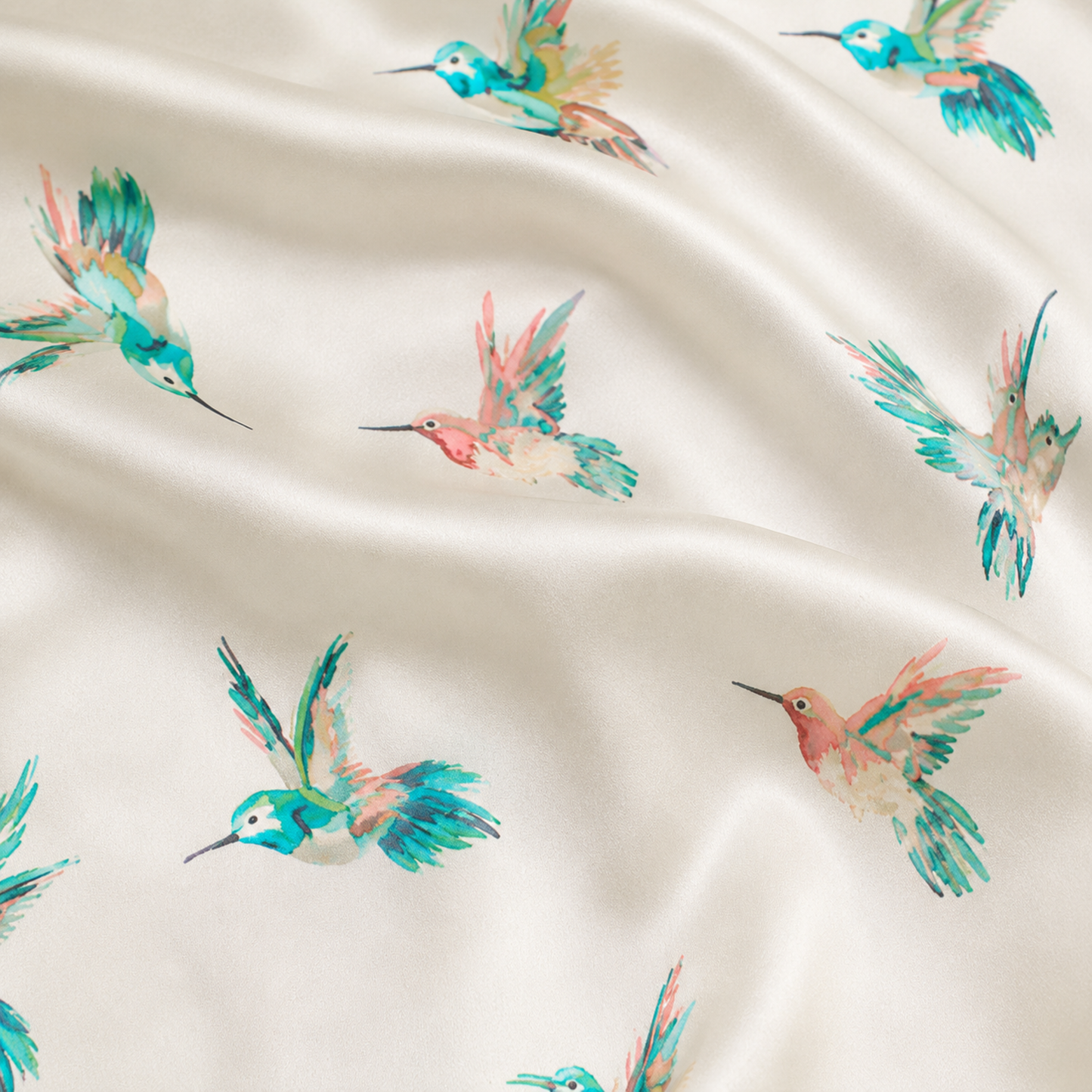 PJ-M180-White Teal Hummingbird Satin Pajama Set Tropical Bird Sleepwear Button Up Loungewear