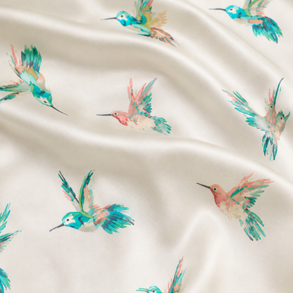 PJ-M180-White Teal Hummingbird Satin Pajama Set Tropical Bird Sleepwear Button Up Loungewear