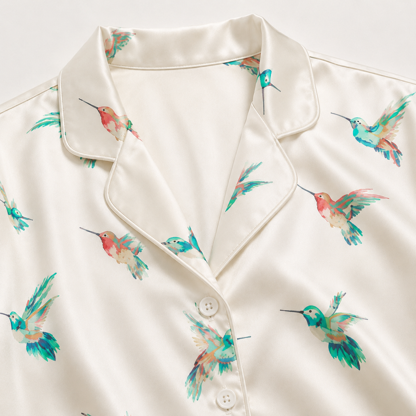 PJ-M180-White Teal Hummingbird Satin Pajama Set Tropical Bird Sleepwear Button Up Loungewear