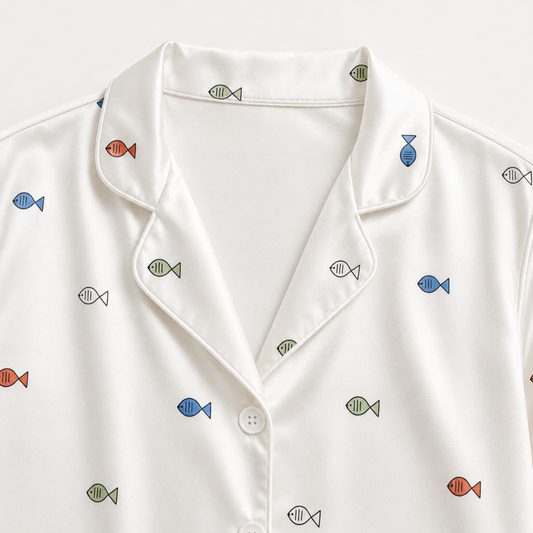 PJ-M181-Ditsy Fish Print Cream Satin Pajama Set Button Up Marine Sleepwear Loungewear