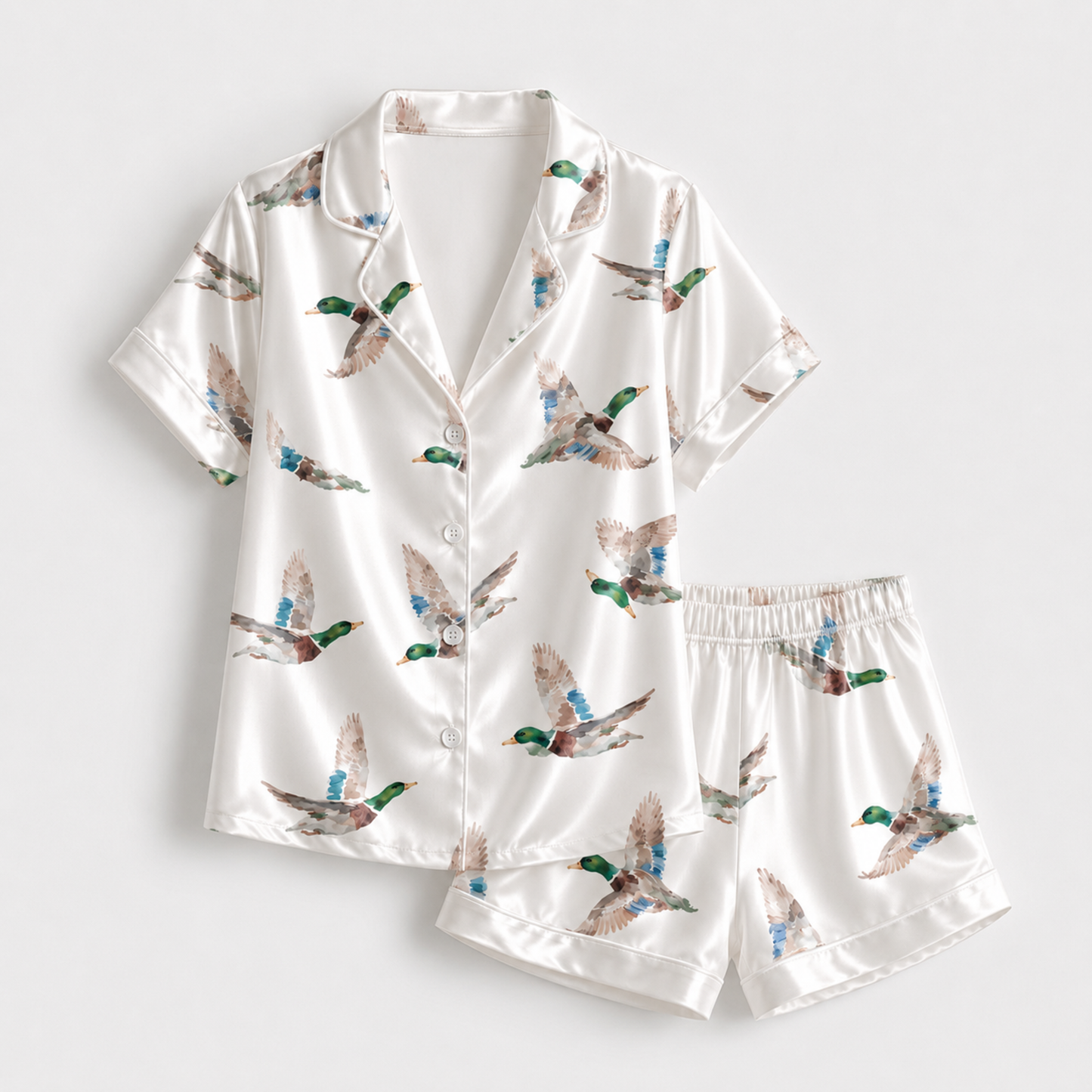 PJ-M182-Flying Mallard Duck White Satin Pajama Set Wildlife Print Sleepwear Button Down Loungewear