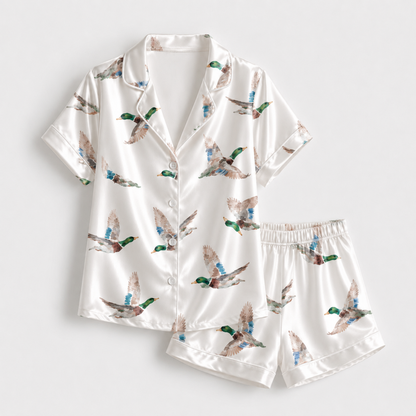 PJ-M182-Flying Mallard Duck White Satin Pajama Set Wildlife Print Sleepwear Button Down Loungewear