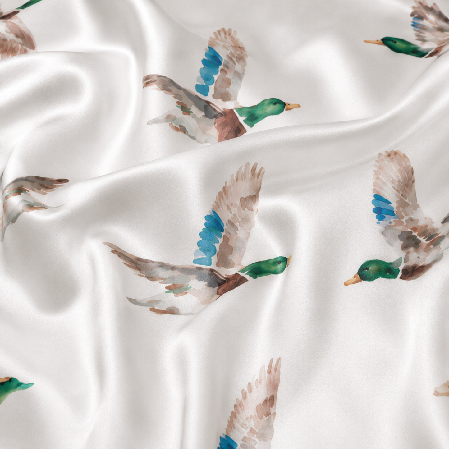 PJ-M182-Flying Mallard Duck White Satin Pajama Set Wildlife Print Sleepwear Button Down Loungewear