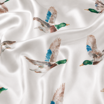 PJ-M182-Flying Mallard Duck White Satin Pajama Set Wildlife Print Sleepwear Button Down Loungewear