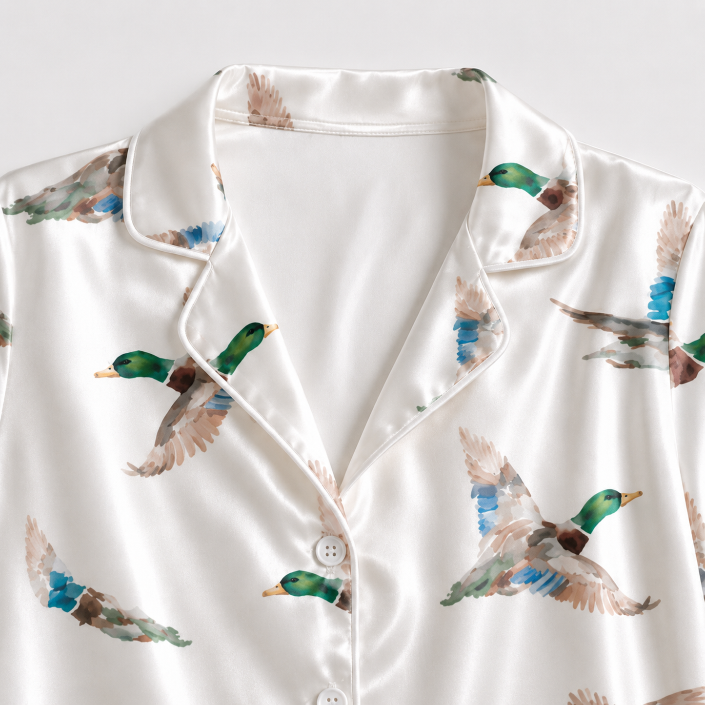 PJ-M182-Flying Mallard Duck White Satin Pajama Set Wildlife Print Sleepwear Button Down Loungewear