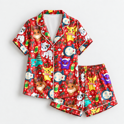 PJ-M1827-Pokémon Christmas Satin Pajama Set with Pikachu Eevee Gengar Bulbasaur and Festive Holiday Winter Pattern for Cozy Sleepwear