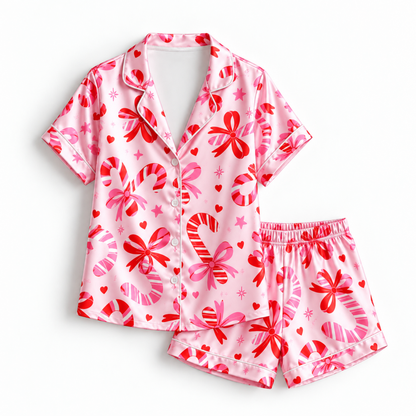 PJ-M1828-Pink Christmas Satin Pajama Set with Candy Canes Bows Hearts and Festive Holiday Pattern for Cozy Sleepwear
