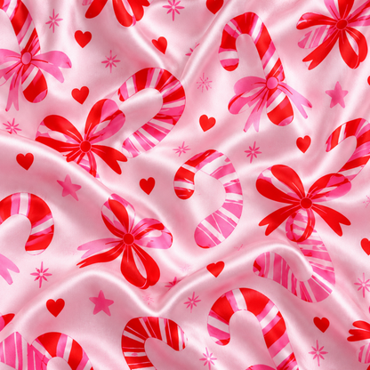 PJ-M1828-Pink Christmas Satin Pajama Set with Candy Canes Bows Hearts and Festive Holiday Pattern for Cozy Sleepwear