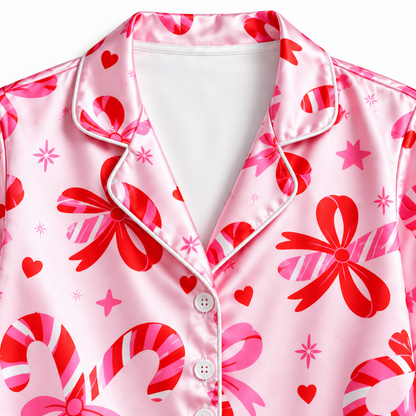 PJ-M1828-Pink Christmas Satin Pajama Set with Candy Canes Bows Hearts and Festive Holiday Pattern for Cozy Sleepwear