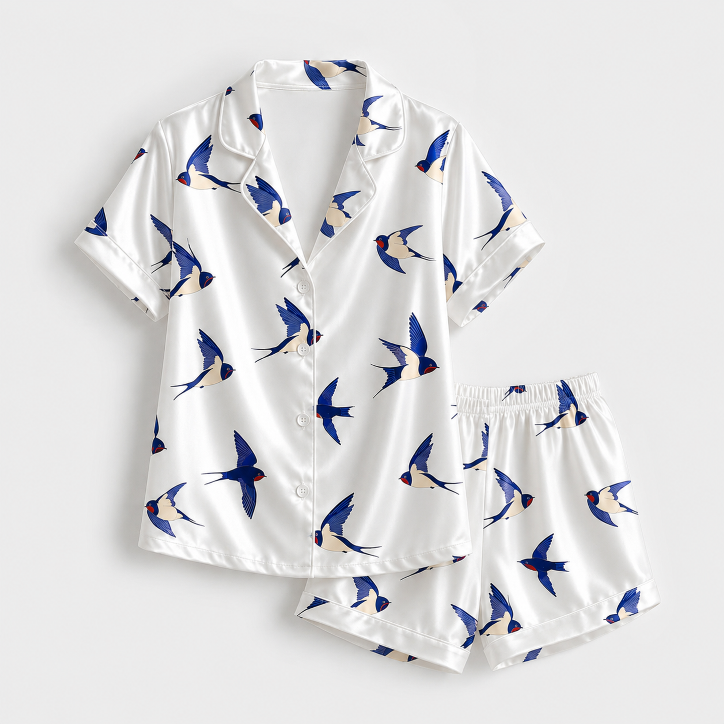 PJ-M183-Flying Swallow Bird White Satin Pajama Set Button Front Sleepwear Animal Print Loungewear