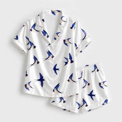 PJ-M183-Flying Swallow Bird White Satin Pajama Set Button Front Sleepwear Animal Print Loungewear