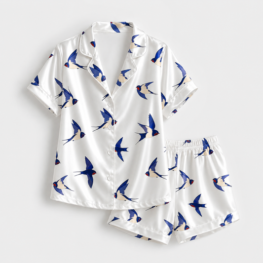 PJ-M183-Flying Swallow Bird White Satin Pajama Set Button Front Sleepwear Animal Print Loungewear