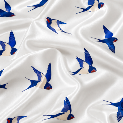 PJ-M183-Flying Swallow Bird White Satin Pajama Set Button Front Sleepwear Animal Print Loungewear