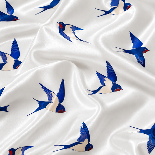 PJ-M183-Flying Swallow Bird White Satin Pajama Set Button Front Sleepwear Animal Print Loungewear