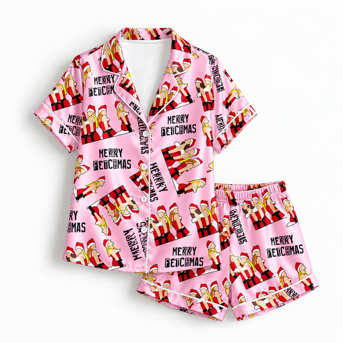 PJ-M1830-Merry Fetchmas Dog Christmas Satin Pajama Set with Santa Dogs Candy Canes and Playful Pink Holiday Pattern for Cozy Sleepwear