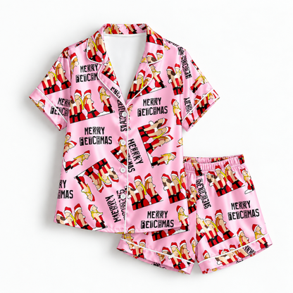 PJ-M1830-Merry Fetchmas Dog Christmas Satin Pajama Set with Santa Dogs Candy Canes and Playful Pink Holiday Pattern for Cozy Sleepwear