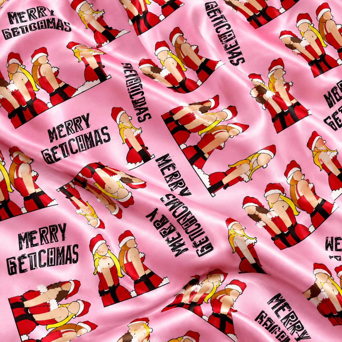 PJ-M1830-Merry Fetchmas Dog Christmas Satin Pajama Set with Santa Dogs Candy Canes and Playful Pink Holiday Pattern for Cozy Sleepwear