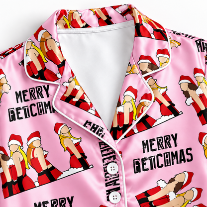 PJ-M1830-Merry Fetchmas Dog Christmas Satin Pajama Set with Santa Dogs Candy Canes and Playful Pink Holiday Pattern for Cozy Sleepwear