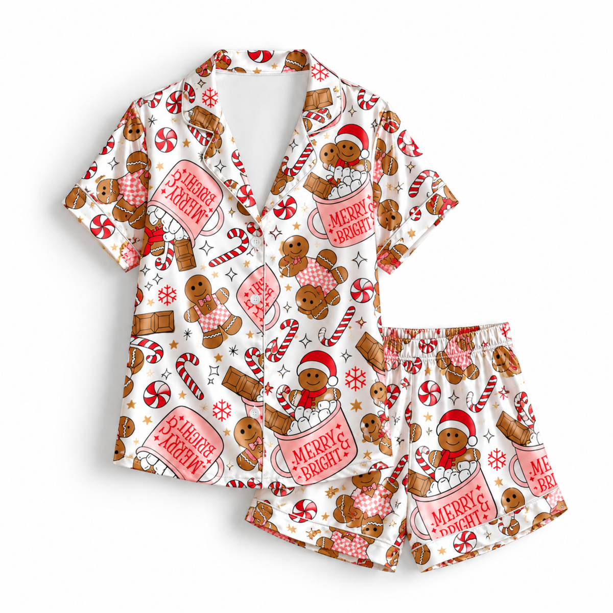 PJ-M1831-Gingerbread Christmas Satin Pajama Set with Candy Canes Peppermints Hot Cocoa and Merry Bright Holiday Pattern for Cozy Sleepwear