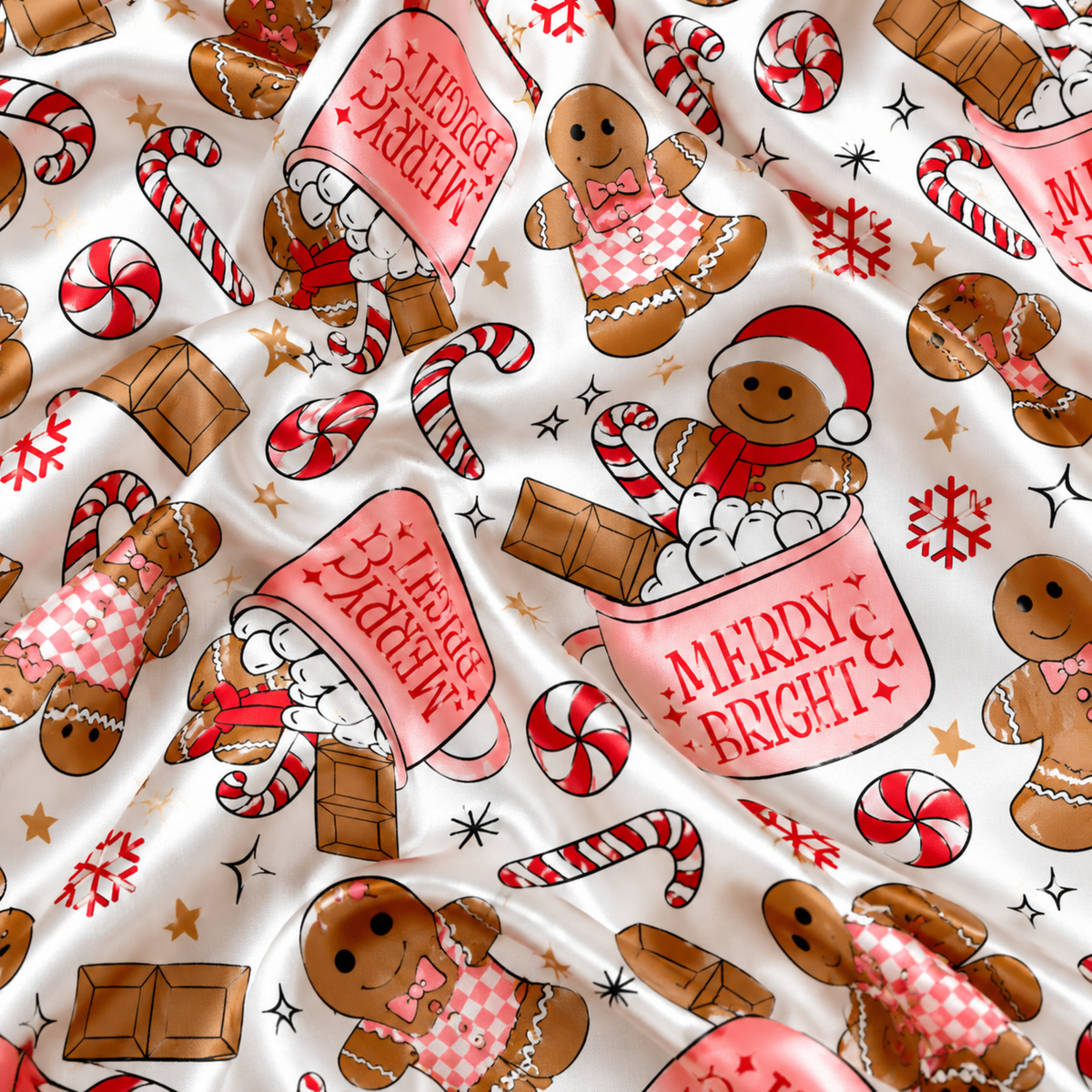 PJ-M1831-Gingerbread Christmas Satin Pajama Set with Candy Canes Peppermints Hot Cocoa and Merry Bright Holiday Pattern for Cozy Sleepwear