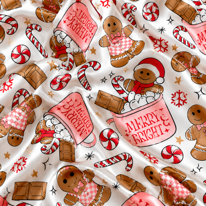 PJ-M1831-Gingerbread Christmas Satin Pajama Set with Candy Canes Peppermints Hot Cocoa and Merry Bright Holiday Pattern for Cozy Sleepwear