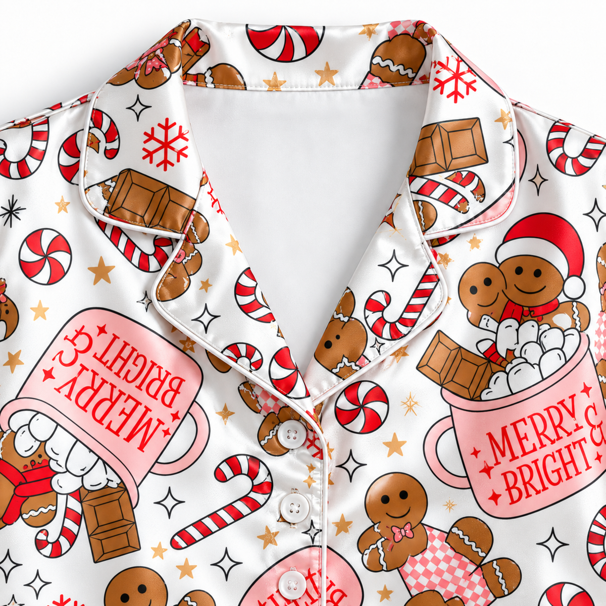 PJ-M1831-Gingerbread Christmas Satin Pajama Set with Candy Canes Peppermints Hot Cocoa and Merry Bright Holiday Pattern for Cozy Sleepwear