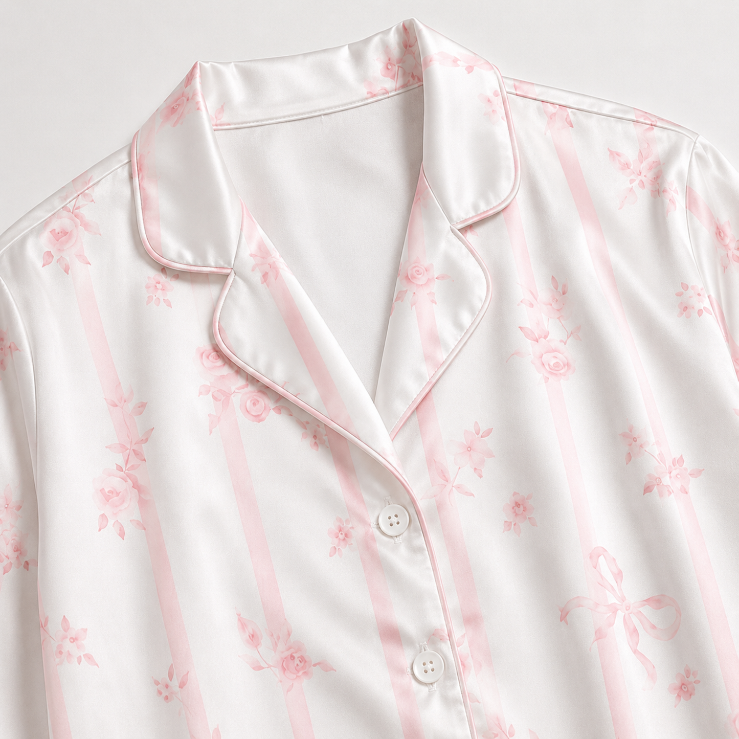 PJ-M184-Alabaster Satin Graphic Pajama Apparel, Elegant Flower Motif Layout Loungewear Sleepwear Collection Top Bottom Garments