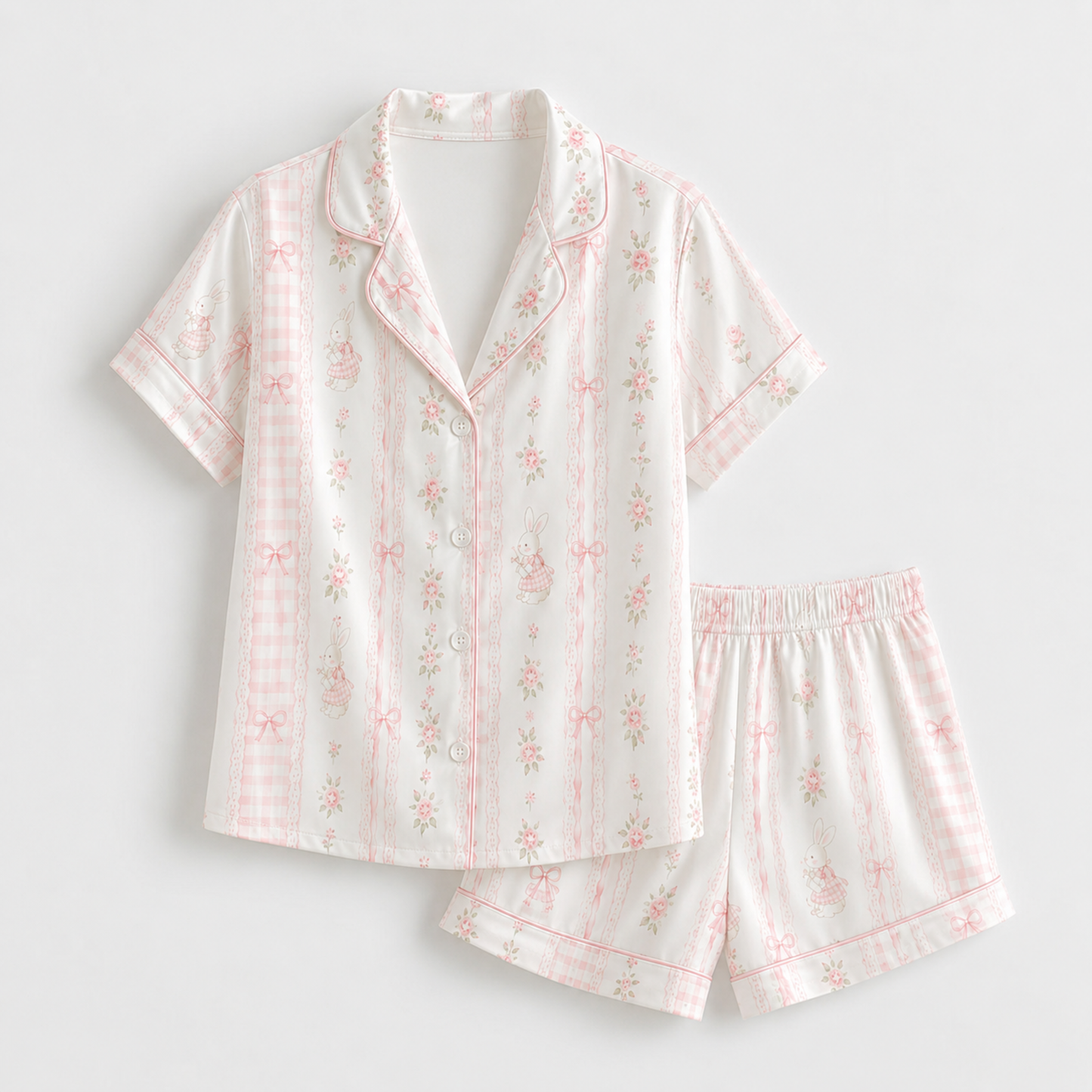 PJ-M185-Pink Satin Bunny Pajama Apparel, Striped Floral Pattern Loungewear Sleepwear Collection Top Bottom Clothes
