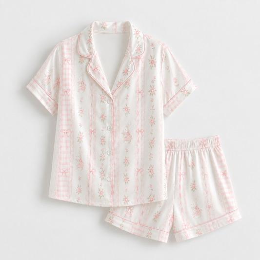 PJ-M185-Pink Satin Bunny Pajama Apparel, Striped Floral Pattern Loungewear Sleepwear Collection Top Bottom Clothes