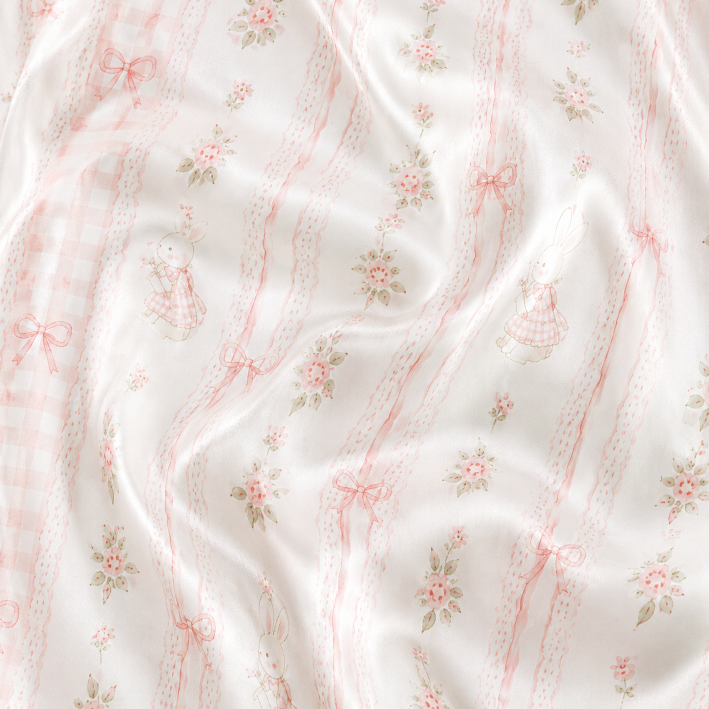 PJ-M185-Pink Satin Bunny Pajama Apparel, Striped Floral Pattern Loungewear Sleepwear Collection Top Bottom Clothes