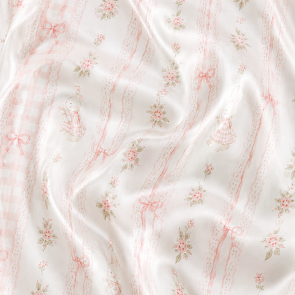PJ-M185-Pink Satin Bunny Pajama Apparel, Striped Floral Pattern Loungewear Sleepwear Collection Top Bottom Clothes