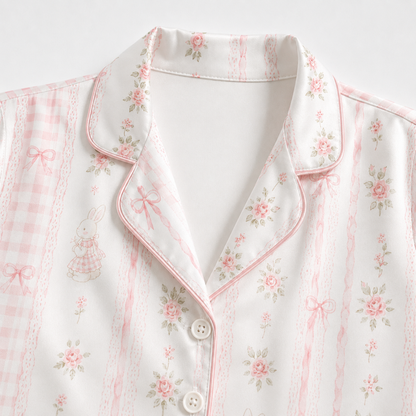 PJ-M185-Pink Satin Bunny Pajama Apparel, Striped Floral Pattern Loungewear Sleepwear Collection Top Bottom Clothes
