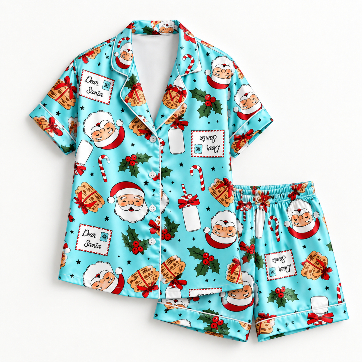 PJ-M1856-Dear Santa Christmas Satin Pajama Set, Milk Cookies Candy Cane Holly Festive Holiday Sleepwear