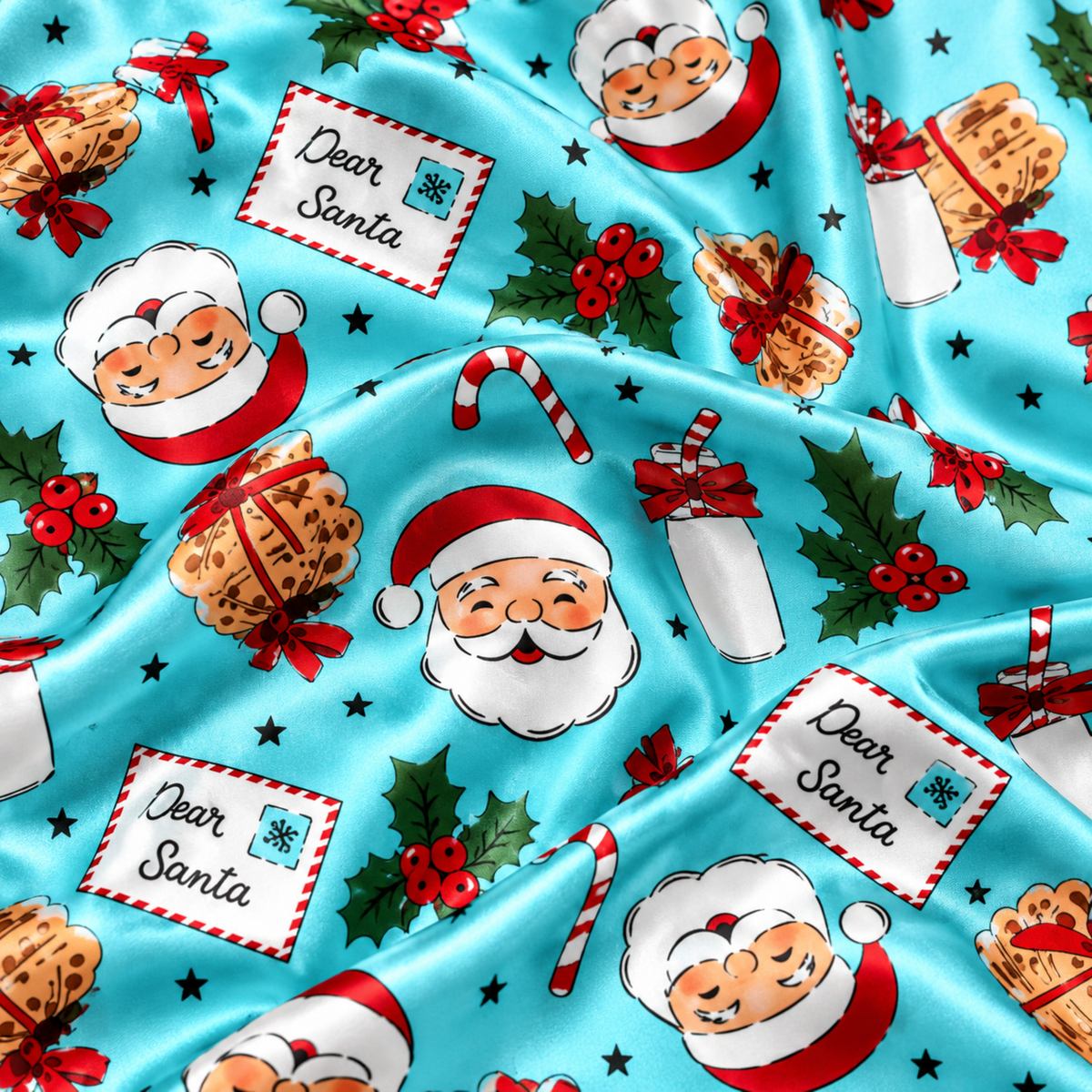PJ-M1856-Dear Santa Christmas Satin Pajama Set, Milk Cookies Candy Cane Holly Festive Holiday Sleepwear