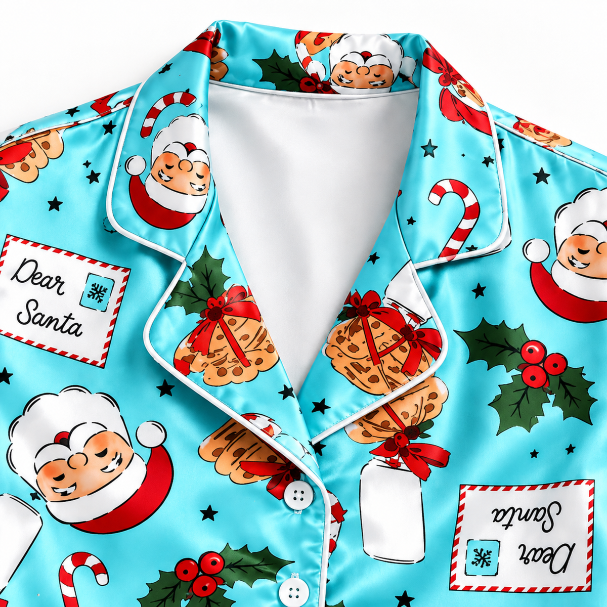 PJ-M1856-Dear Santa Christmas Satin Pajama Set, Milk Cookies Candy Cane Holly Festive Holiday Sleepwear