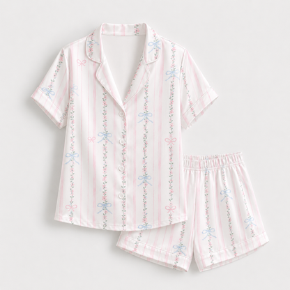 PJ-M186-Silk Aesthetic Pajama Apparel, Whimsical Bow Graphic Loungewear Sleepwear Collection Top Bottom Raiment