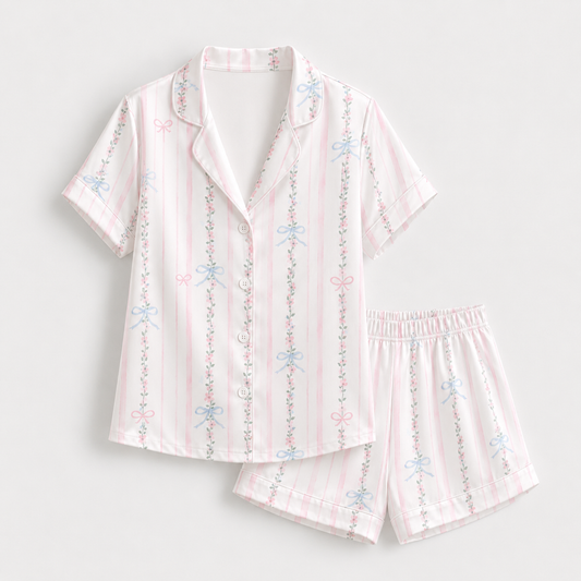 PJ-M186-Silk Aesthetic Pajama Apparel, Whimsical Bow Graphic Loungewear Sleepwear Collection Top Bottom Raiment