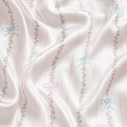 PJ-M186-Silk Aesthetic Pajama Apparel, Whimsical Bow Graphic Loungewear Sleepwear Collection Top Bottom Raiment