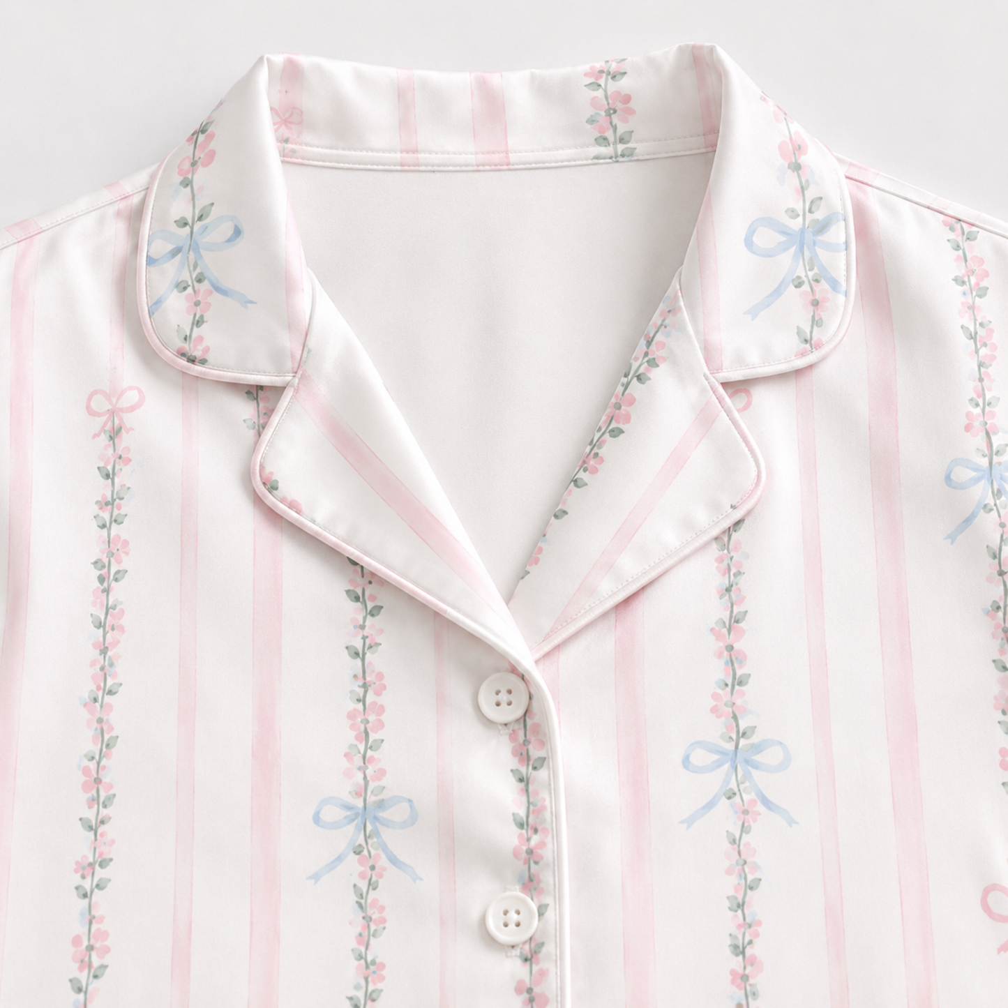 PJ-M186-Silk Aesthetic Pajama Apparel, Whimsical Bow Graphic Loungewear Sleepwear Collection Top Bottom Raiment