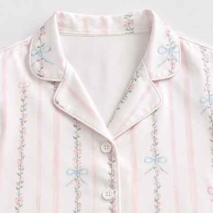 PJ-M186-Silk Aesthetic Pajama Apparel, Whimsical Bow Graphic Loungewear Sleepwear Collection Top Bottom Raiment
