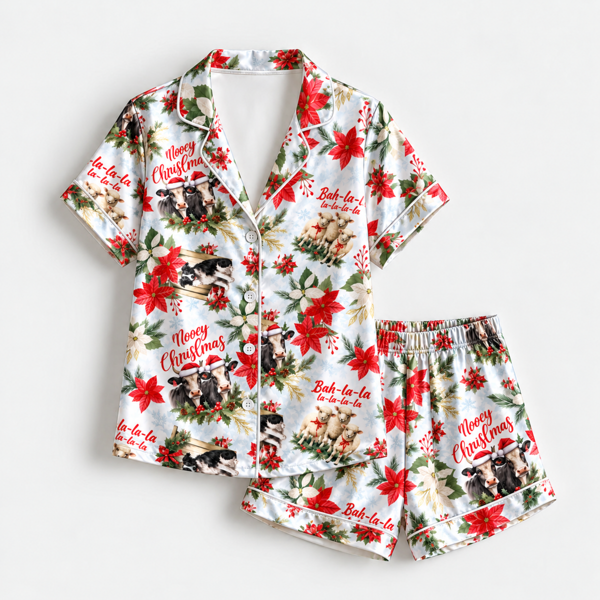 PJ-M1860-Merry Christmas Woodland Animals Satin Pajama Set, Poinsettia Raccoon Bunny Festive Holiday Sleepwear
