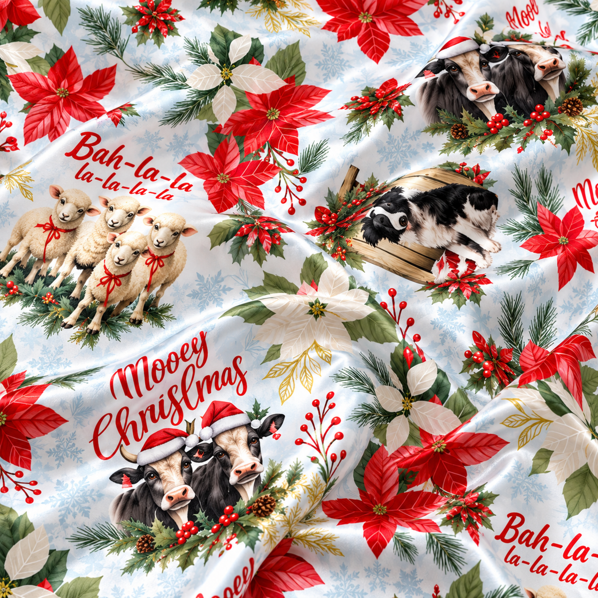 PJ-M1860-Merry Christmas Woodland Animals Satin Pajama Set, Poinsettia Raccoon Bunny Festive Holiday Sleepwear