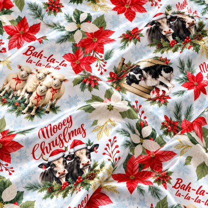 PJ-M1860-Merry Christmas Woodland Animals Satin Pajama Set, Poinsettia Raccoon Bunny Festive Holiday Sleepwear