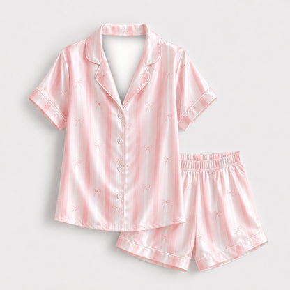 PJ-M187-Pink Striped Bow Satin Pajama Set Coquette Sleepwear Button Up Loungewear