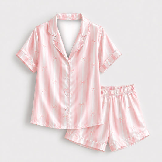 PJ-M187-Pink Striped Bow Satin Pajama Set Coquette Sleepwear Button Up Loungewear