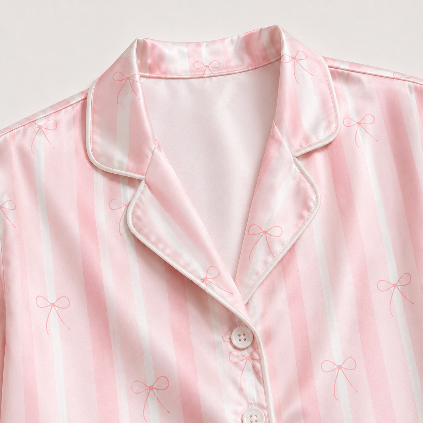 PJ-M187-Pink Striped Bow Satin Pajama Set Coquette Sleepwear Button Up Loungewear