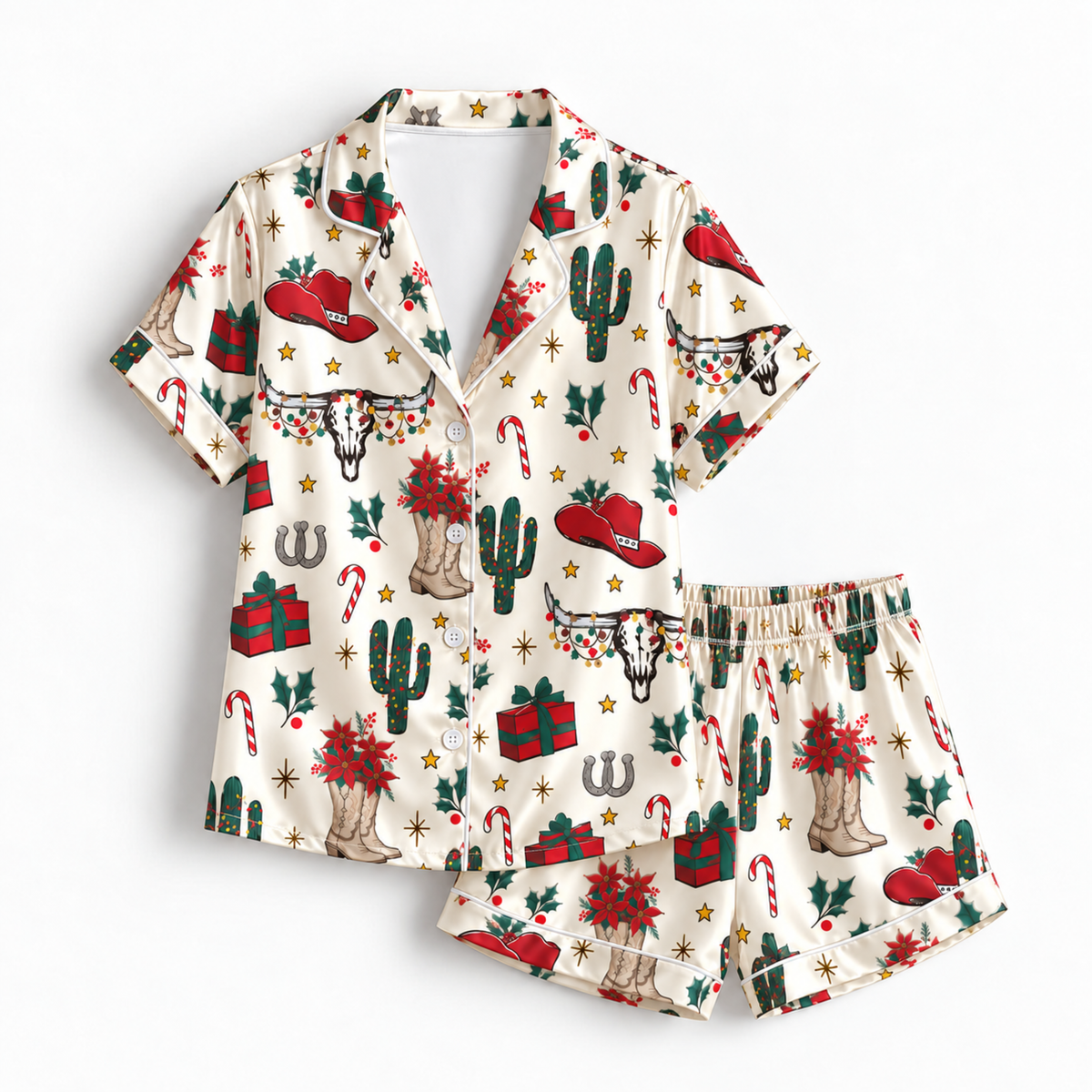 PJ-M1872-Western Christmas Satin Pajama Set, Cowboy Boots Cactus Hat Poinsettia Holiday Sleepwear