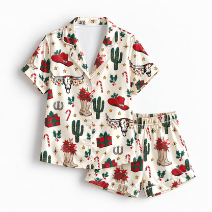 PJ-M1872-Western Christmas Satin Pajama Set, Cowboy Boots Cactus Hat Poinsettia Holiday Sleepwear