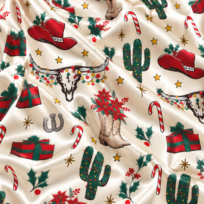 PJ-M1872-Western Christmas Satin Pajama Set, Cowboy Boots Cactus Hat Poinsettia Holiday Sleepwear